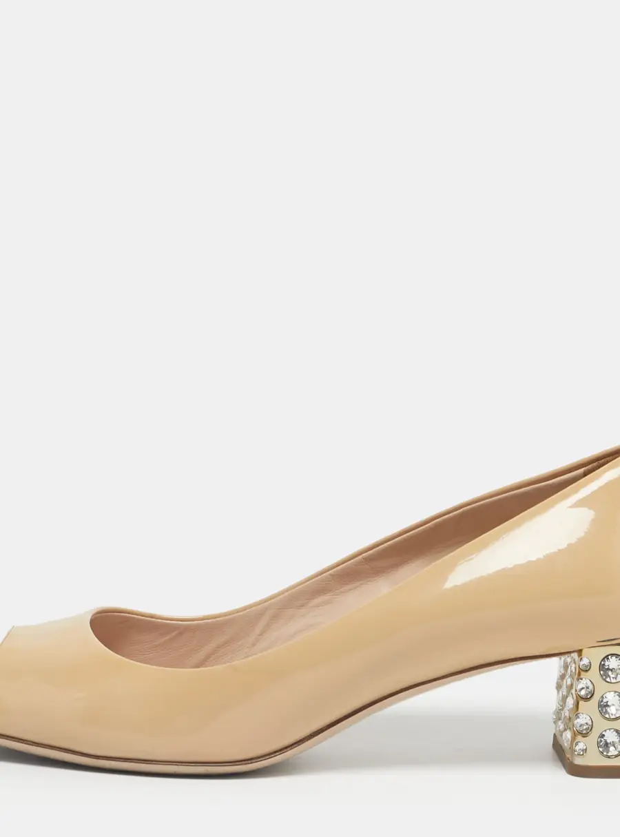Miu Miu Beige Patent Leather Crystal Embellish Block Heel Pumps Size 38