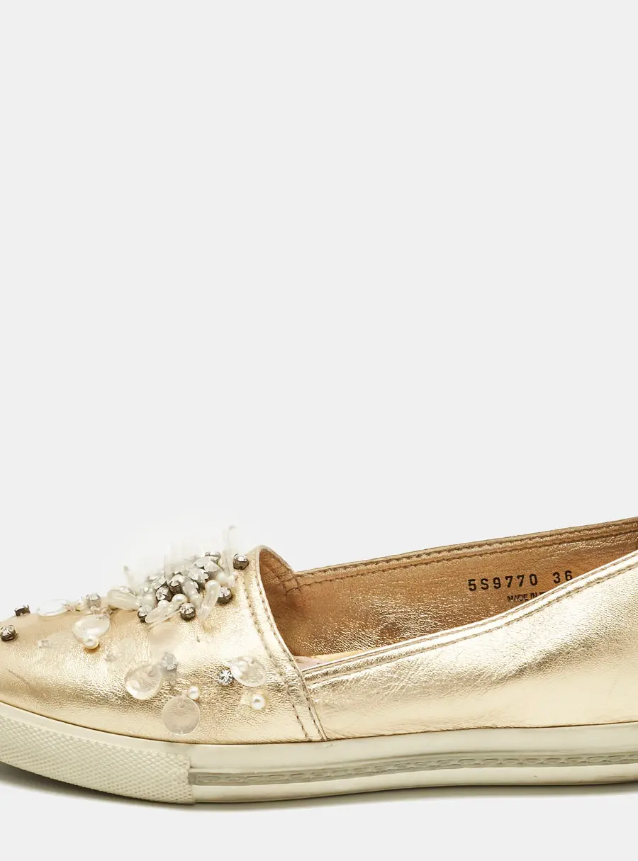 Miu Miu Gold LeatherEmbellish Pointed Toe Slip On Sneakers Size 36
