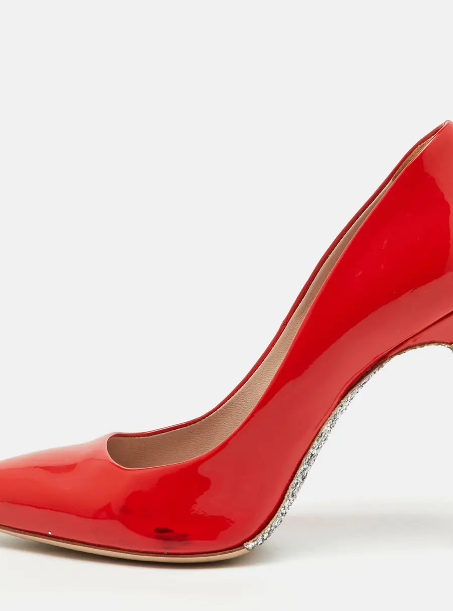 Miu Miu Cherry Red Patent Leather Glitter Sole Pointed Toe Pumps Size 37