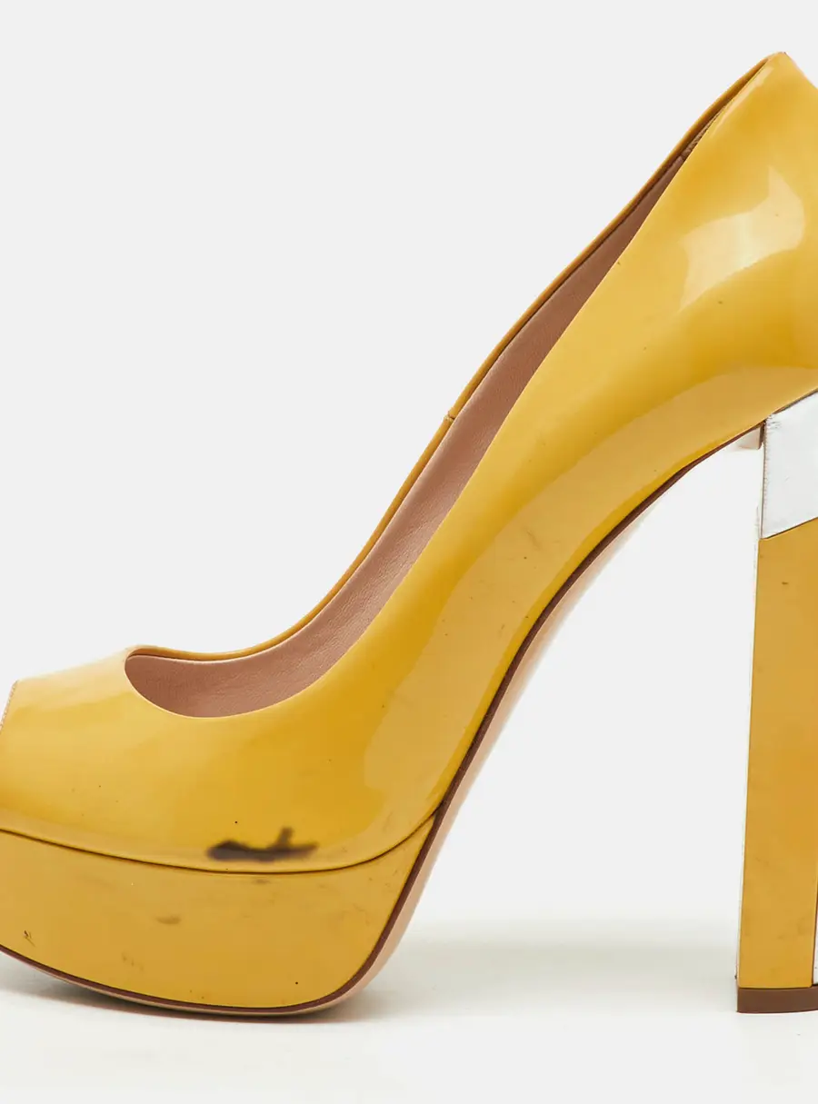 Miu Miu Yellow Patent Leather Peep Toe Platform Pumps Size 38