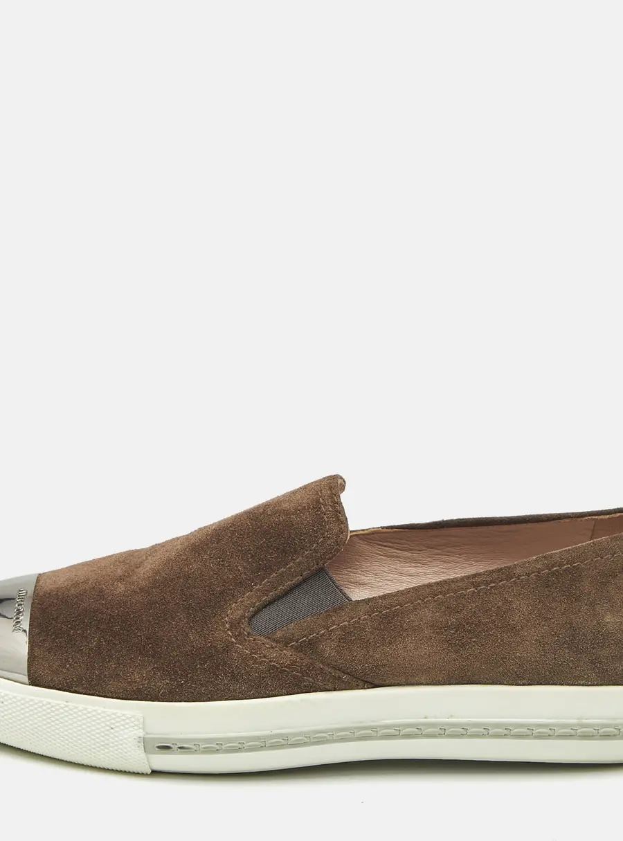 Miu Miu Brown Suede Metal Cap Toe Slip On Sneakers Size 37
