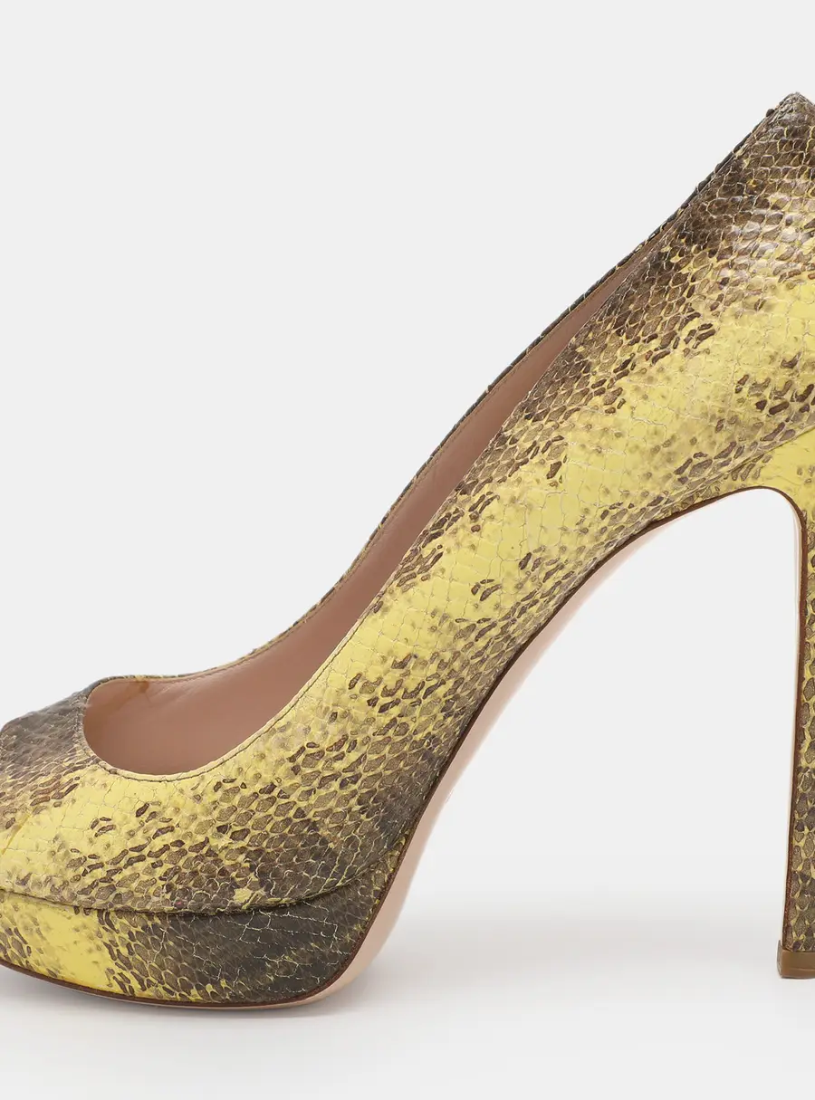 Miu Miu Yellow/Beige Python Embossed Leather Peep Toe Pumps Size 39.5