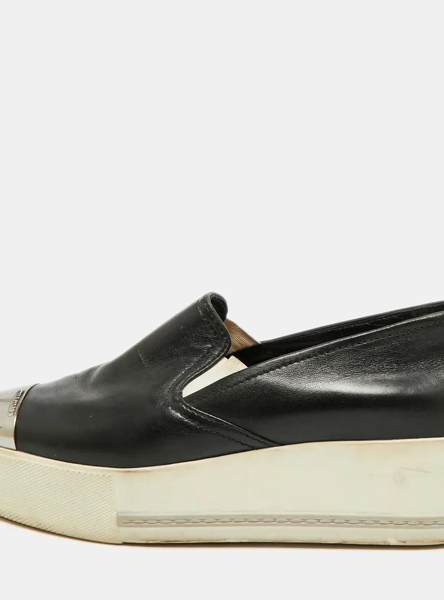 Miu Miu Size 37 Black Leather Platform Slip On Sneakers