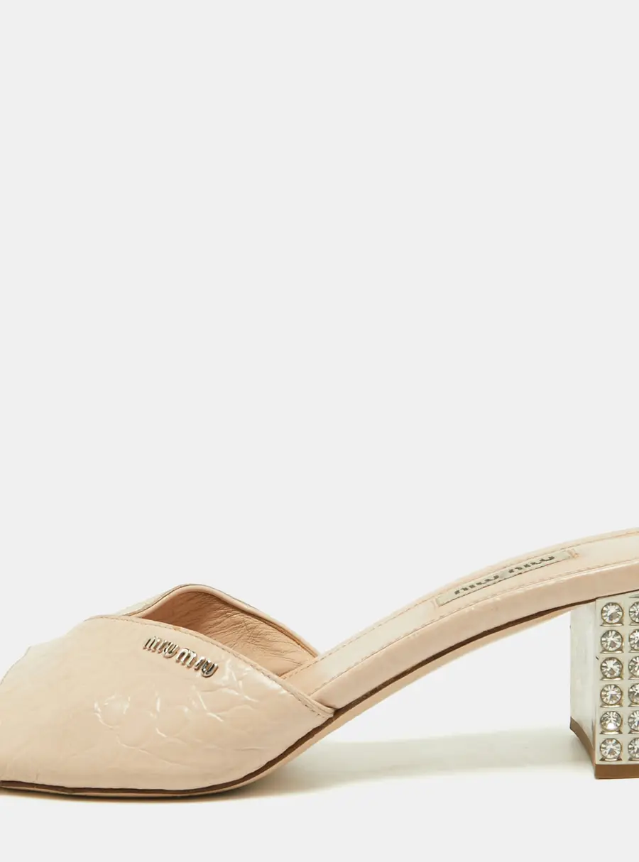Miu Miu Jewelled Size 39 Pink Croc Embossed Leather Crystal Embellished Block Heel Slide Sandals