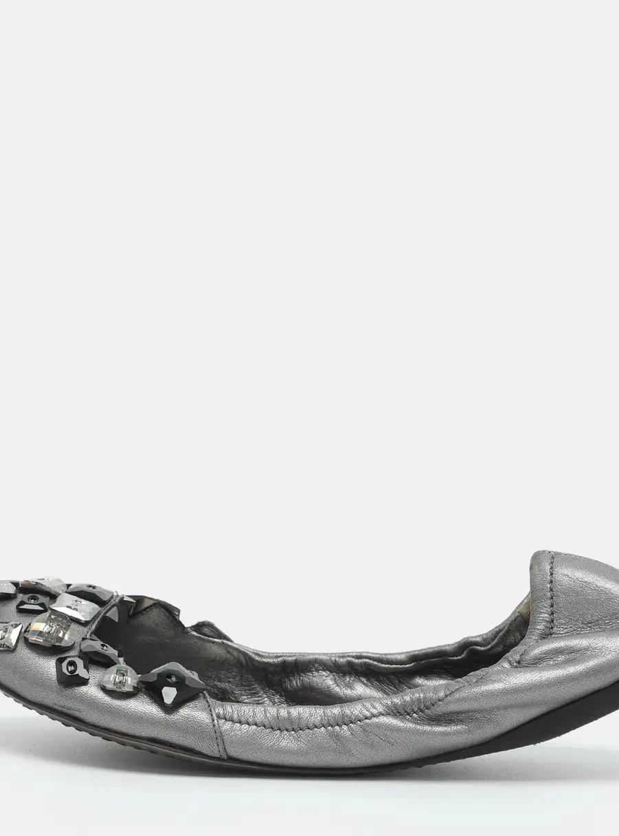 Miu Miu Embellished Size 38 Silver Leather Scrunch Ballet Flats