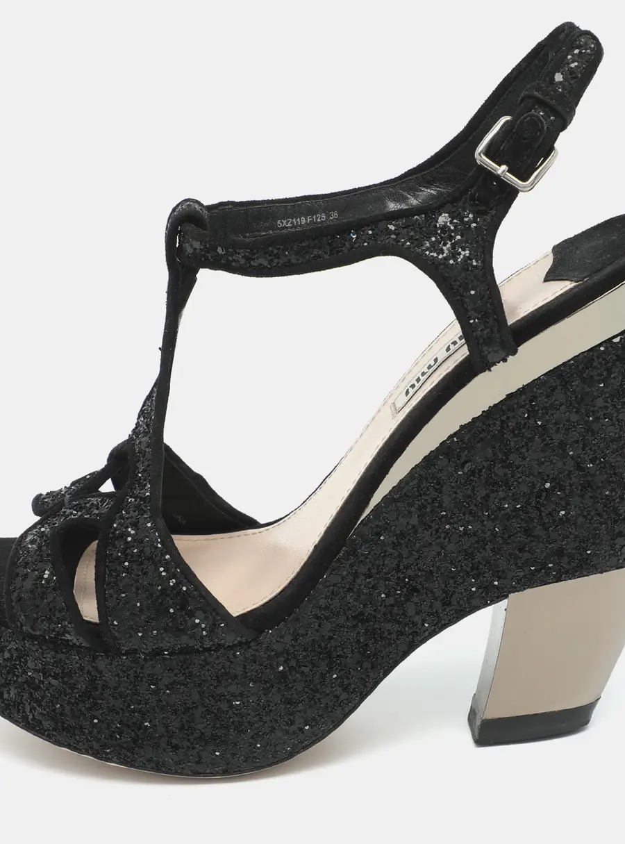Miu Miu Size 38 Black Glitter and Suede Wedge Sandals