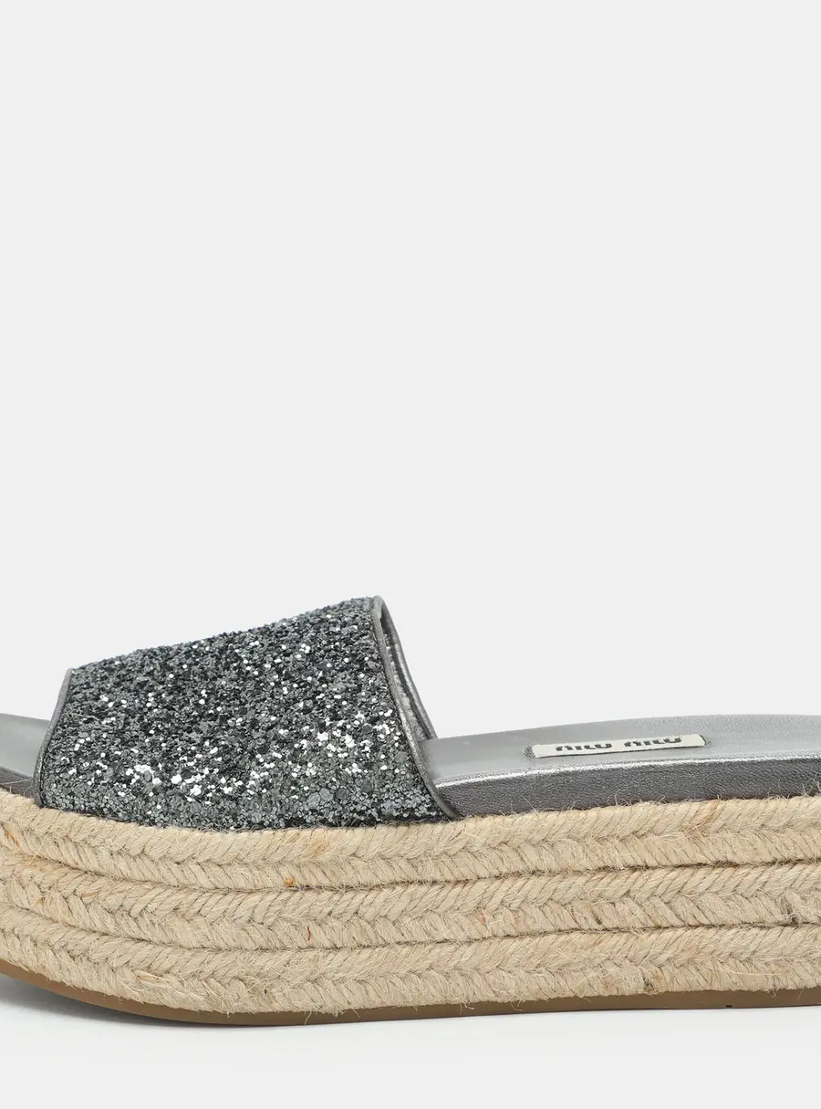 Miu Miu Size 37.5 Metallic Grey Glitter Espadrille Platform Slides
