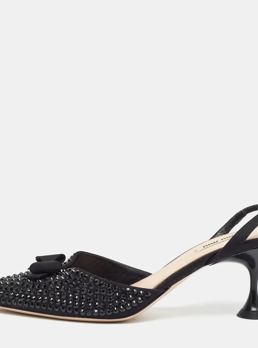 Miu Miu Size 39.5 Black Fabric Crystal Embellished Bow Slingback Pumps