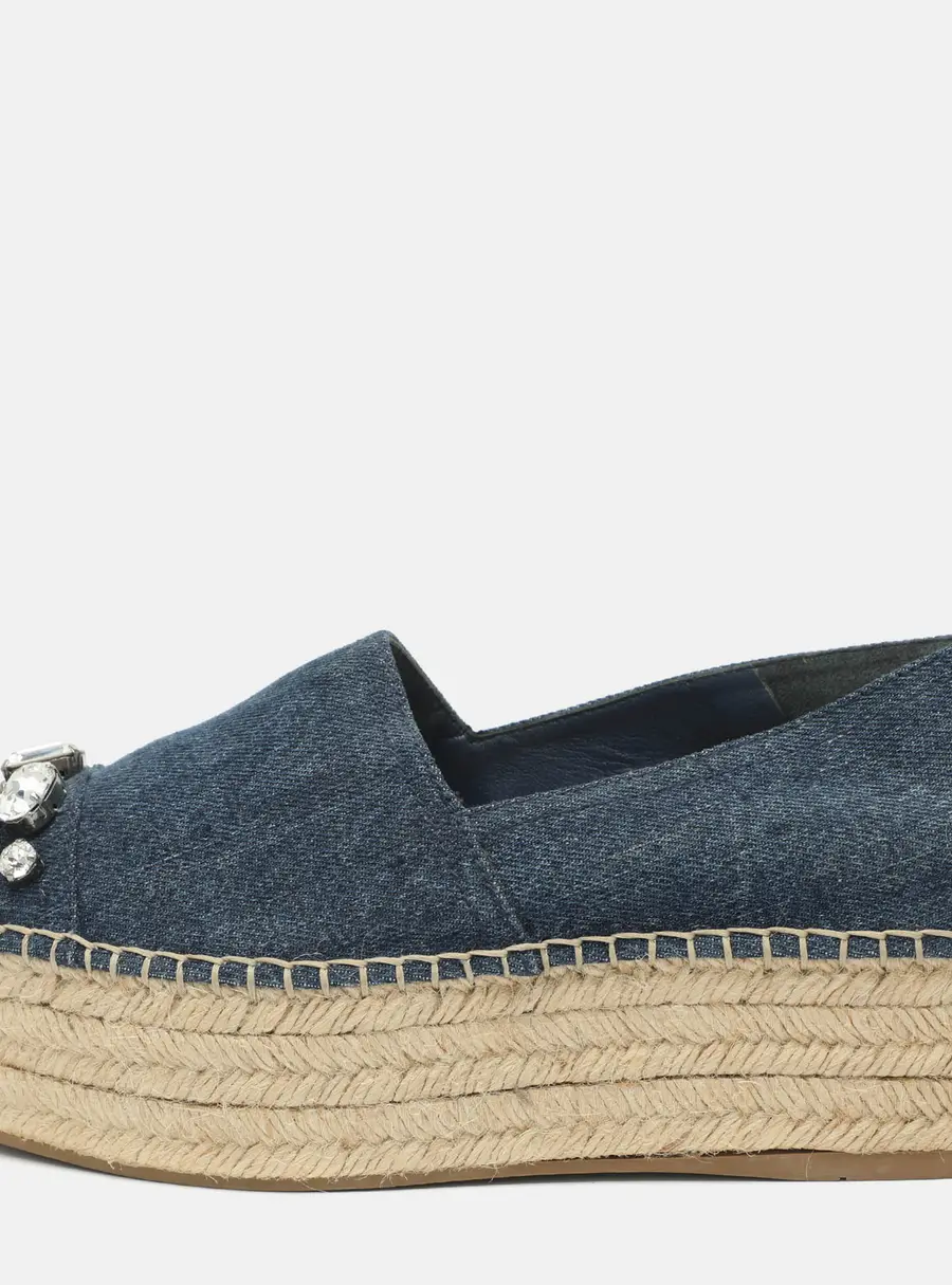 Miu Miu Size 37 Blue Denim Crystal Embellished Cap Toe Platform Espadrille Flats