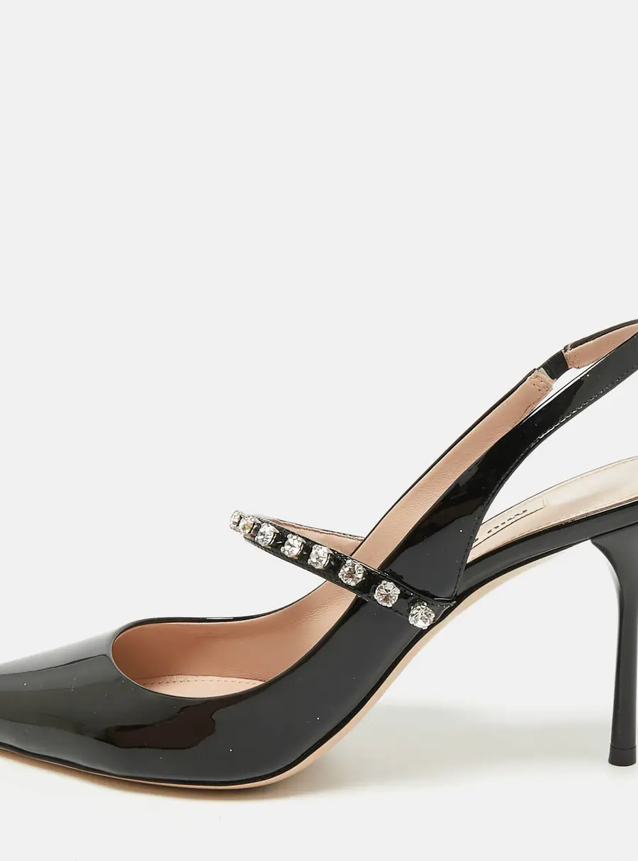 Miu Miu Crystal Embellished Size 39.5 Black Patent Leather Slingback Pumps