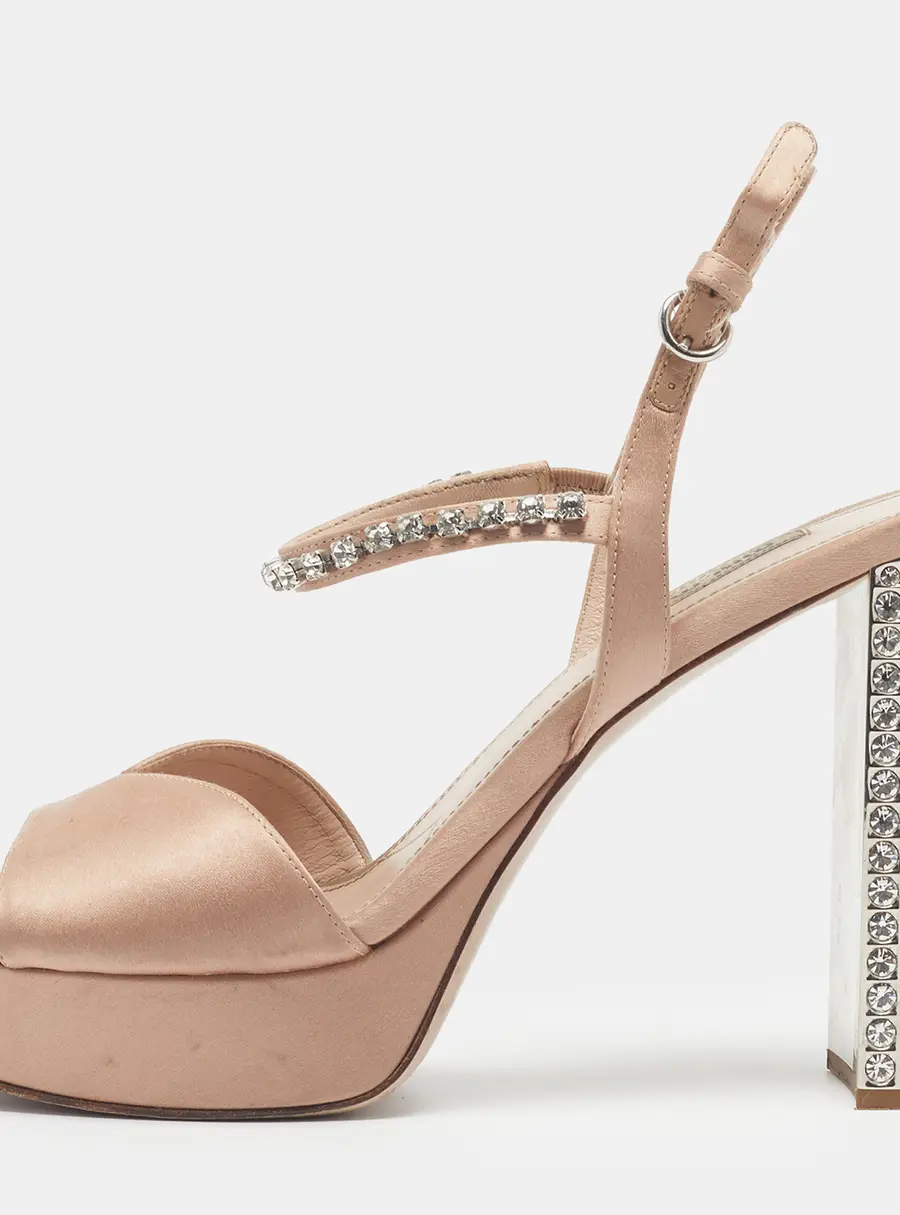 Miu Miu Size 39 Beige Satin Crystal Embellished Ankle Strap Sandals