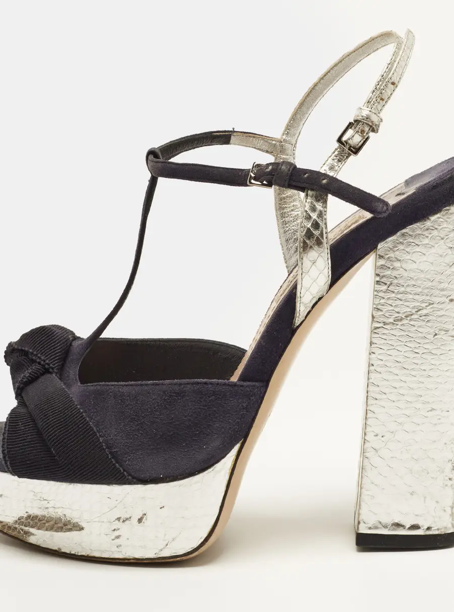 Miu Miu Size 37 Silver/ Navy Blue Snake Print Leather and Suede Ankle Strap Sandals