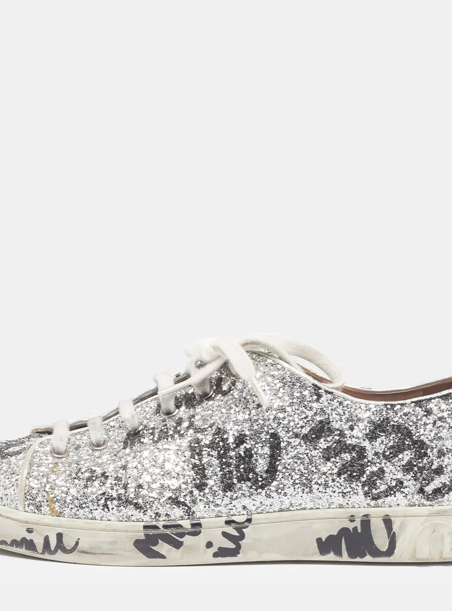 Miu Miu Size 40 Silver Glitter and Leather Logo Print Low Top Sneakers