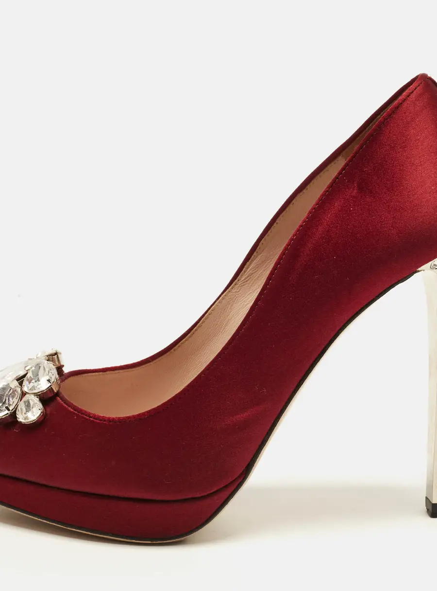 Miu Miu Size 37.5 Burgundy Satin Peep Toe Pumps