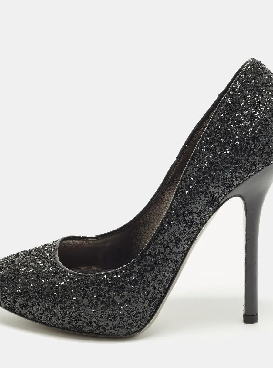 Miu Miu Size 38 Black Glitter Round Toe Platform Pumps