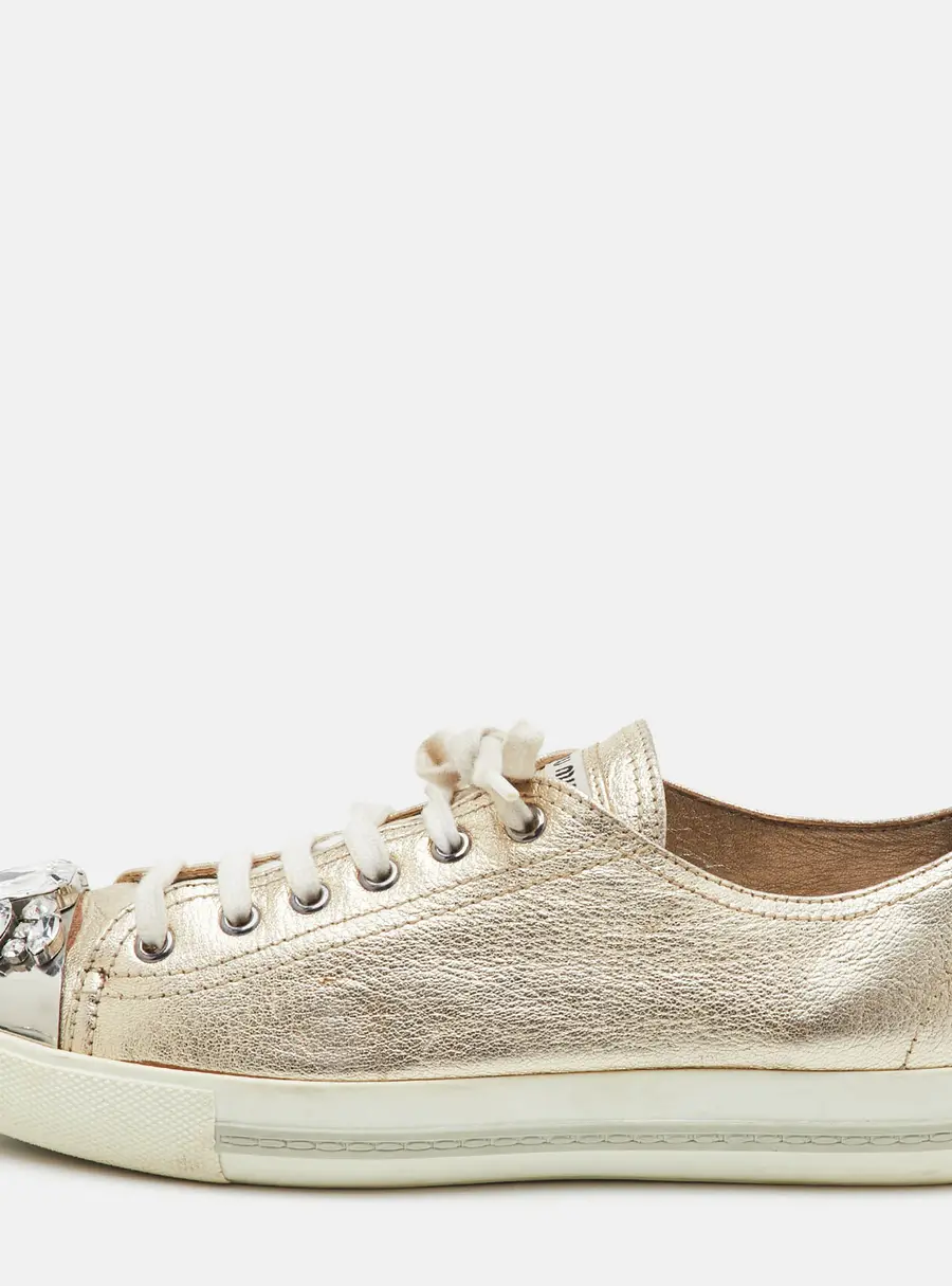 Miu Miu Size 39.5 Metallic Gold Leather Crystal Embellished Cap Toe Sneakers