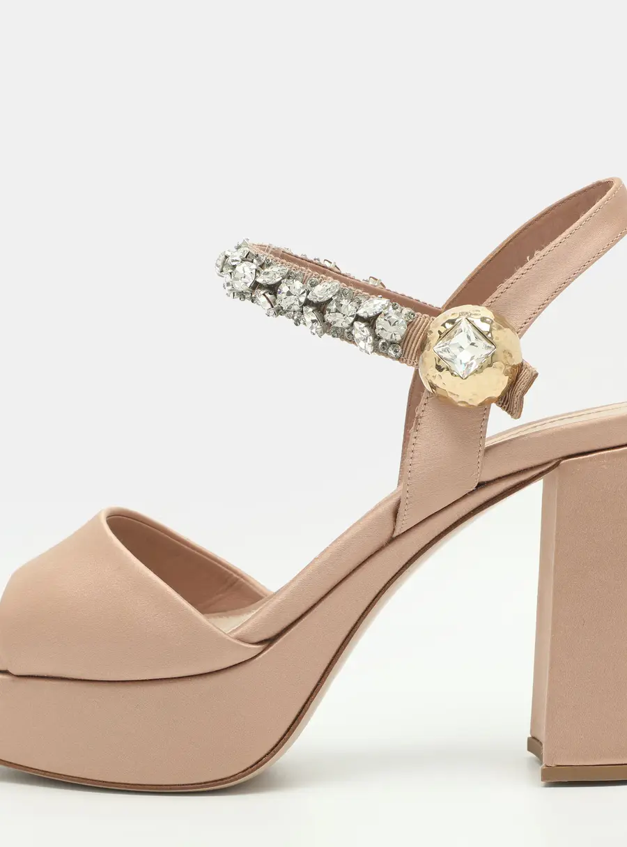Miu Miu Crystal Embellished Size 38.5 Beige Satin Platform Sandals