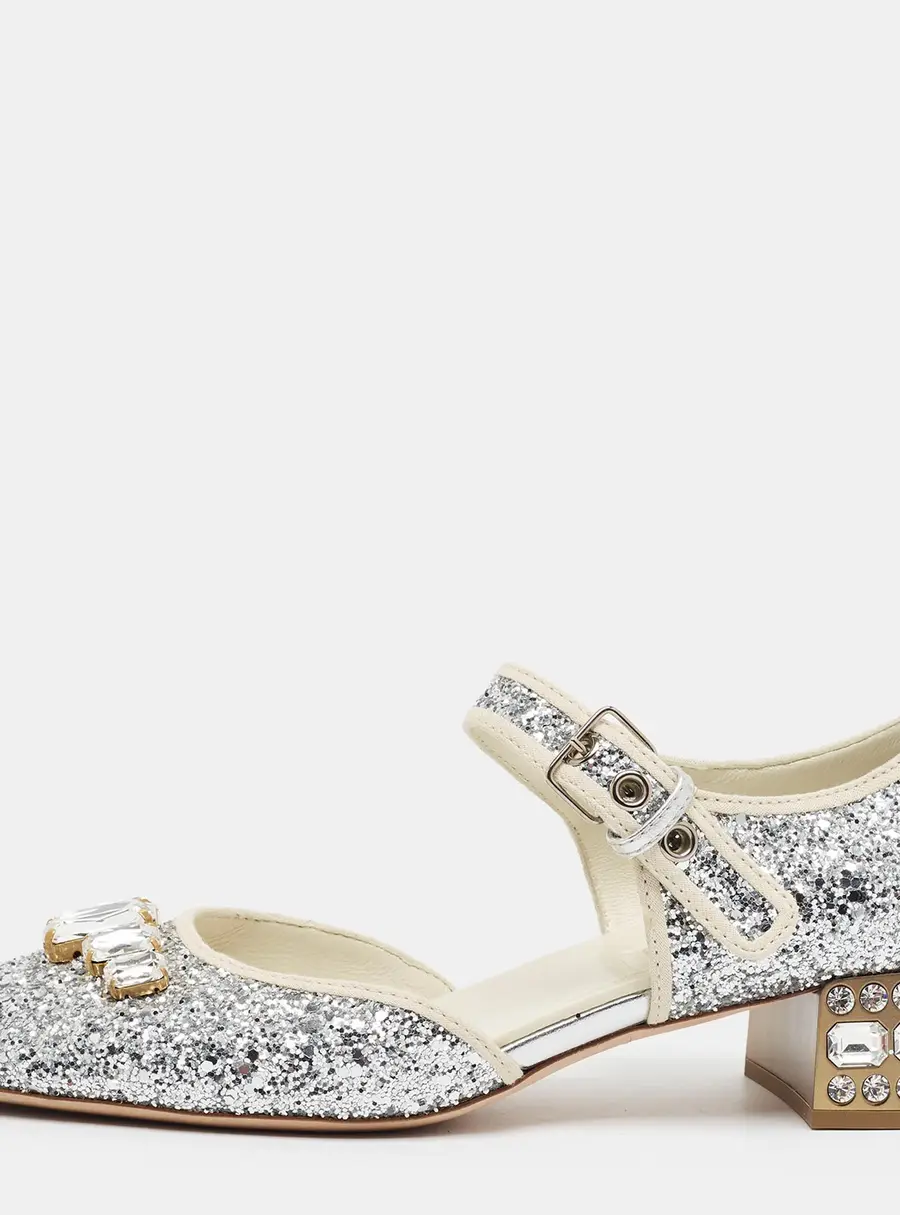 Miu Miu Size 39 Silver Glitter Mary Jane Pumps