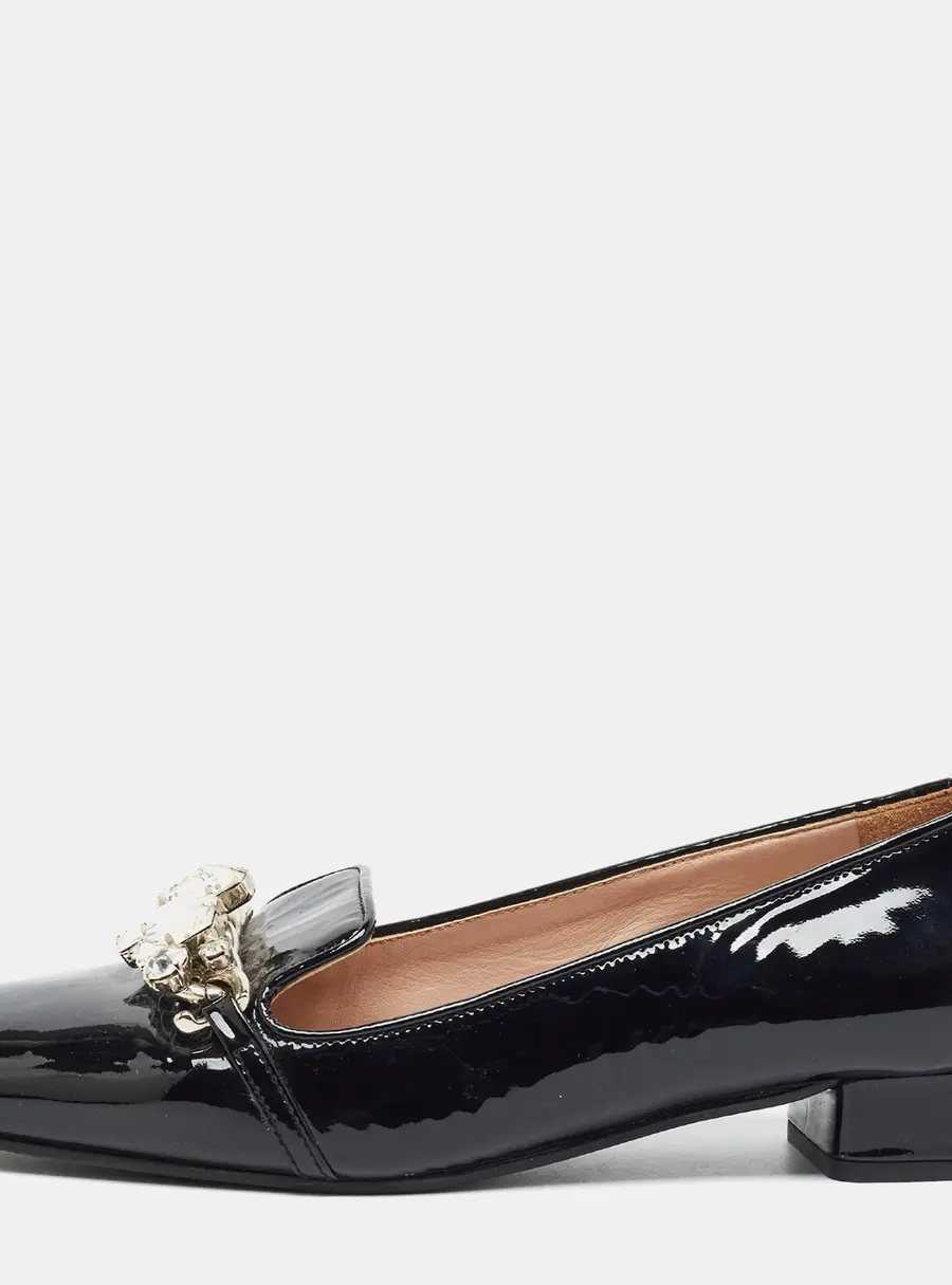 Miu Miu Size 36.5 Black Patent Leather Crystal Embellished Smoking Slippers