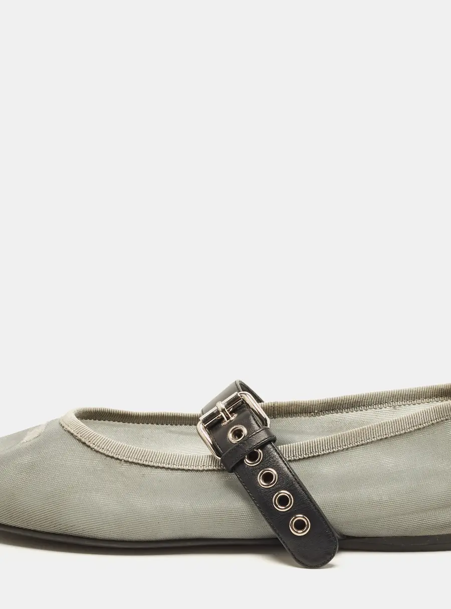 Miu Miu Size 37 Grey/Black Leather and Mesh Mary Jane Ballet Flats