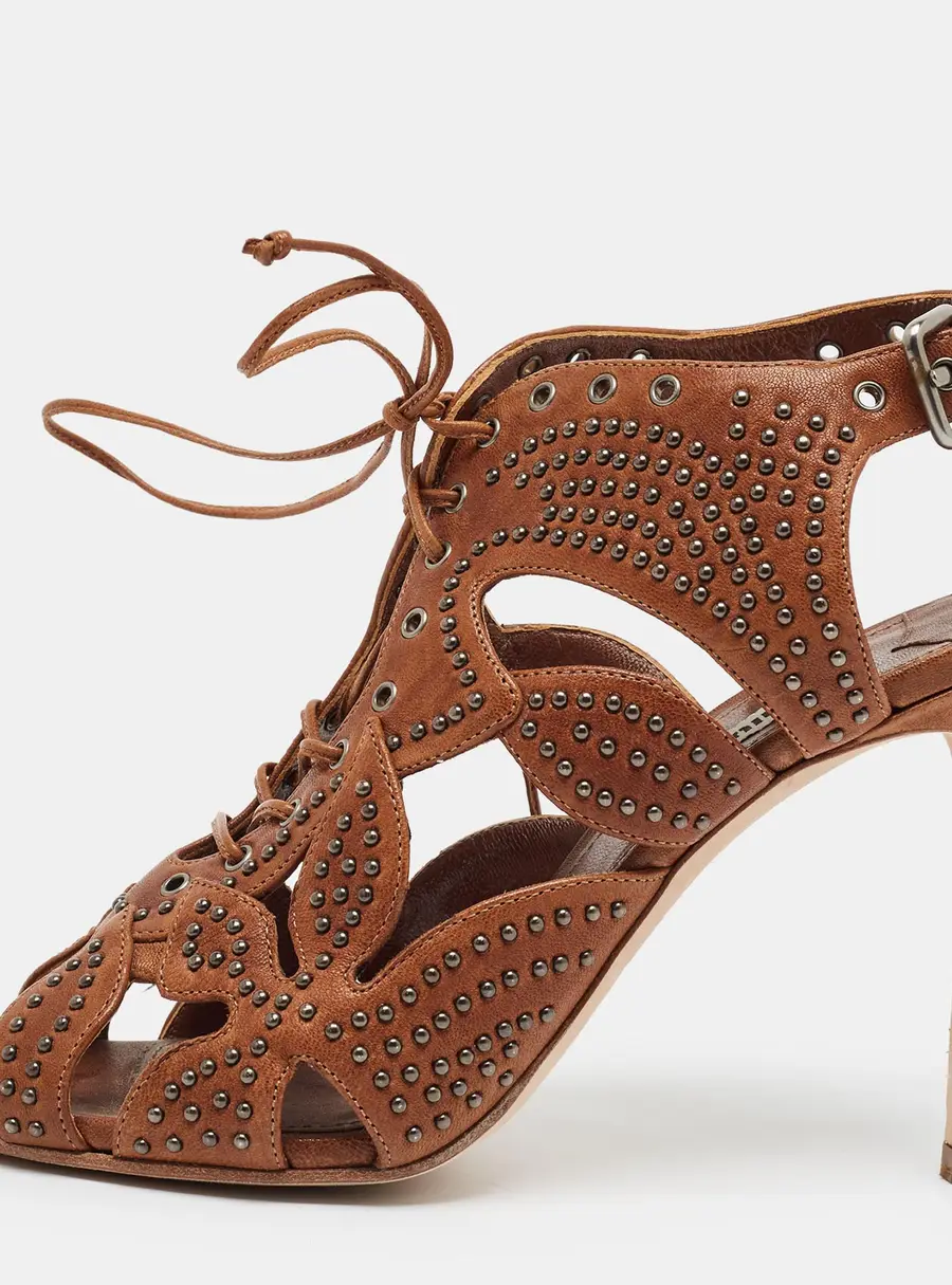 Miu Miu Size 37 Brown Leather Studded Ankle Strap Sandals