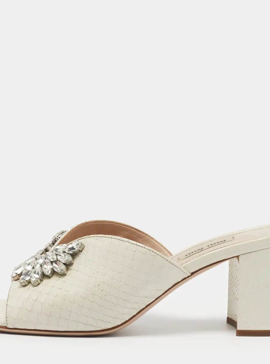 Miu Miu Size 39 Off-White Python Leather Crystal Embellished Block Heel Slide Sandals