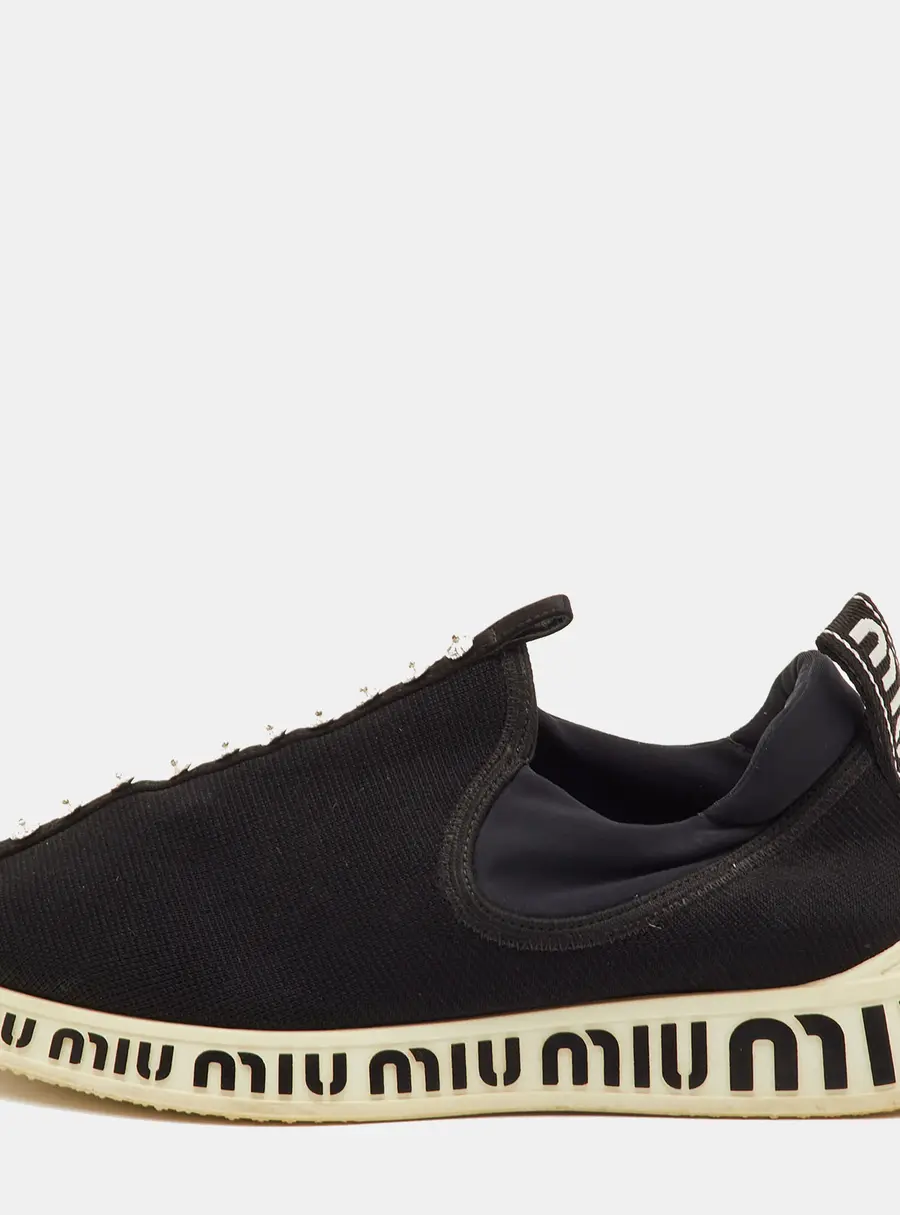 Miu Miu Run Size 37 Black Neoprene and Stretch Knit Crystal Embellished Slip On Sneakers