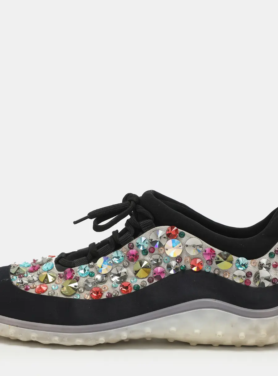 Miu Miu Crystal Embellished Size 41 Black Neoprene Slip On Sneakers