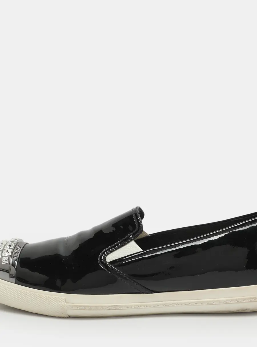 Miu Miu Size 41 Black Patent Leather Crystals Embellished Slip On Sneakers