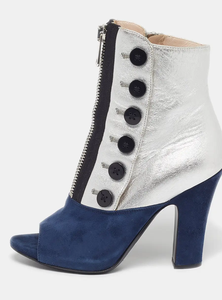 Miu Miu Size 37.5 Silver/Navy Blue Leather and Suede Ankle Boots
