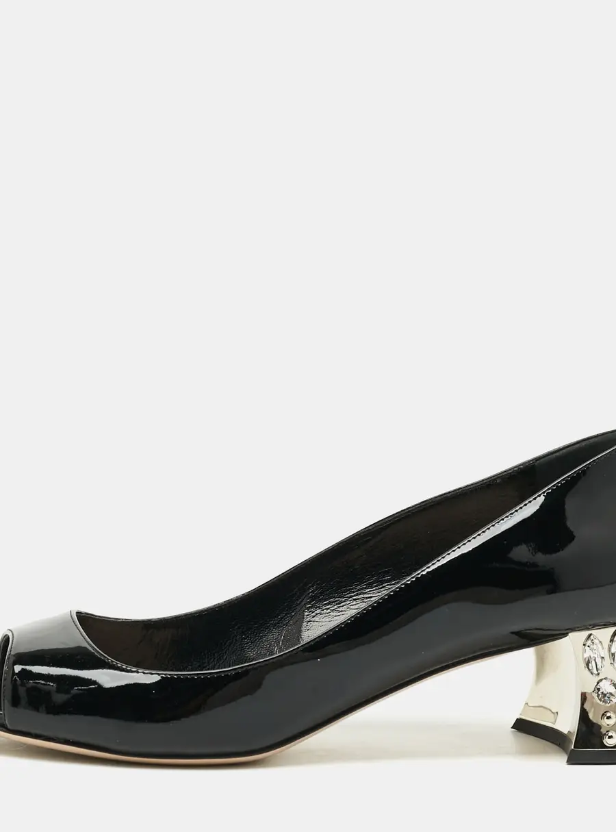 Miu Miu Crystal Embellished Size 39 Black Patent Leather Peep Toe Pumps