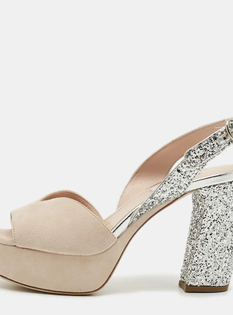 Miu Miu Size 36 Beige/Silver Leather and Suede Ankle Strap Sandals