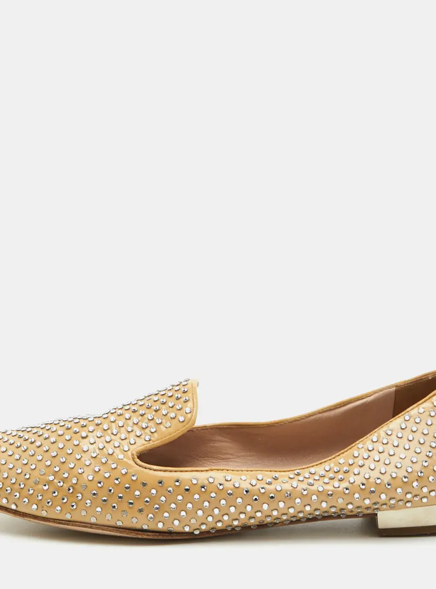 Miu Miu Size 37.5 Beige Patent Leather Crystal Embellished Smoking Slippers
