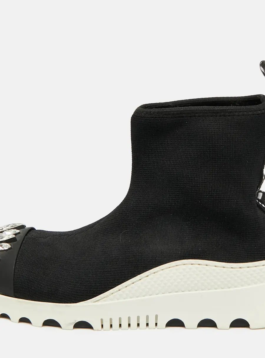 Miu Miu Size 36 Black Knit Fabric and Rubber Crystal Cap Toe Sock High Slip On Sneakers