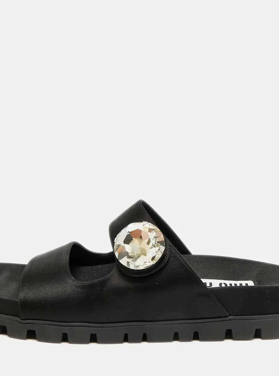 Miu Miu Crystal Embellished Size 39 Black Satin Flat Sandals
