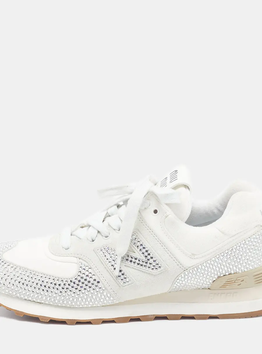 Miu Miu New Balance 574 Size 38.5 White/Grey Fabric and Suede Lace Up Sneakers
