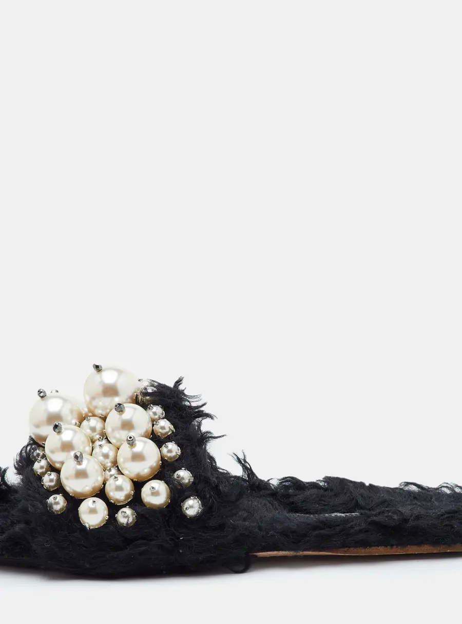 Miu Miu Size 37 Black Fur Pearl Embellished Flat Slide Sandals