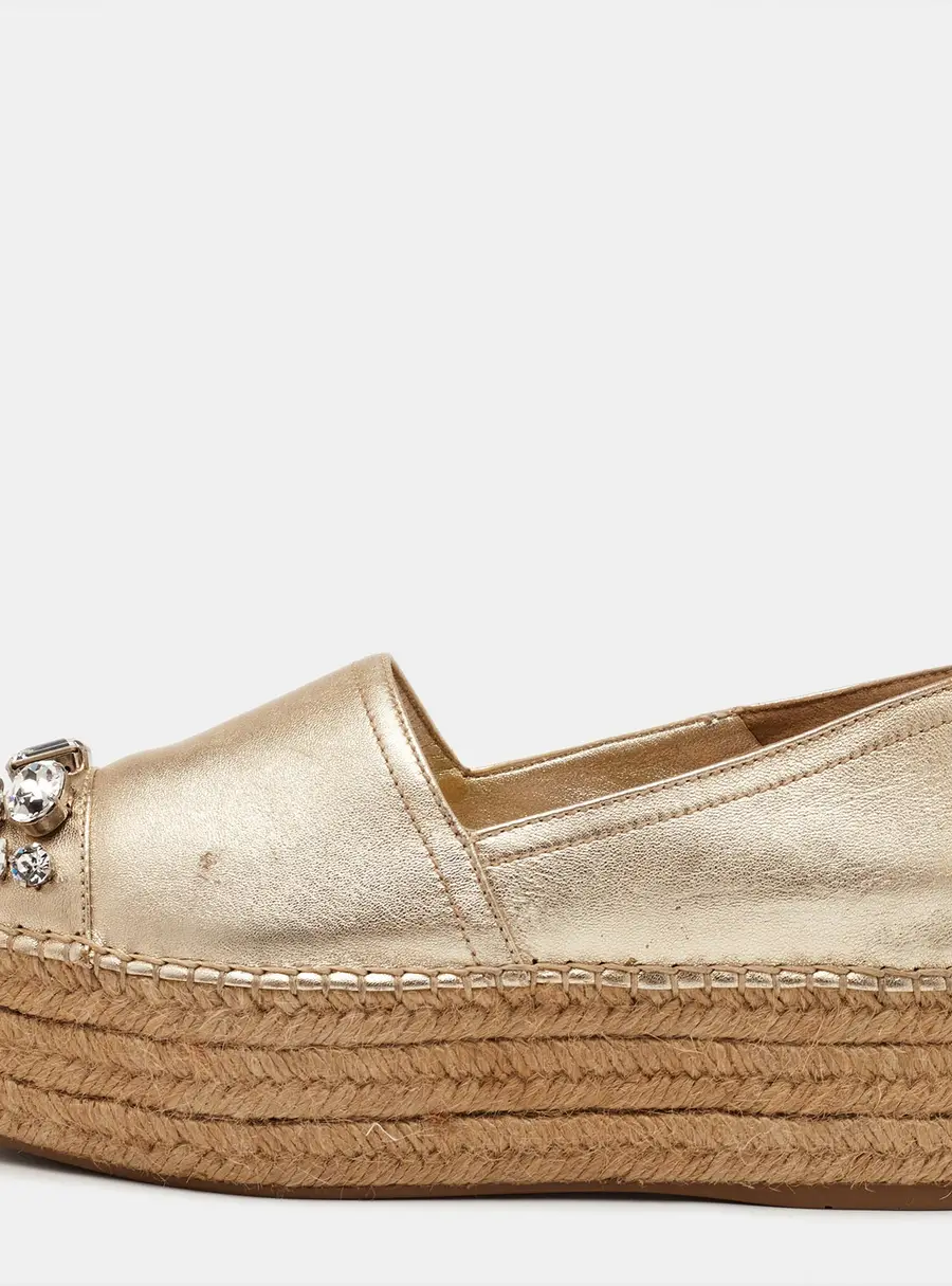 Miu Miu Size 35 Metallic Gold Leather Crystal Embellished Platform Espadrille Sandals