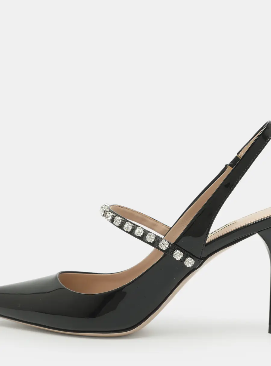 Miu Miu Crystal Embellished Size 38 Black Patent Leather Mary Jane Pumps
