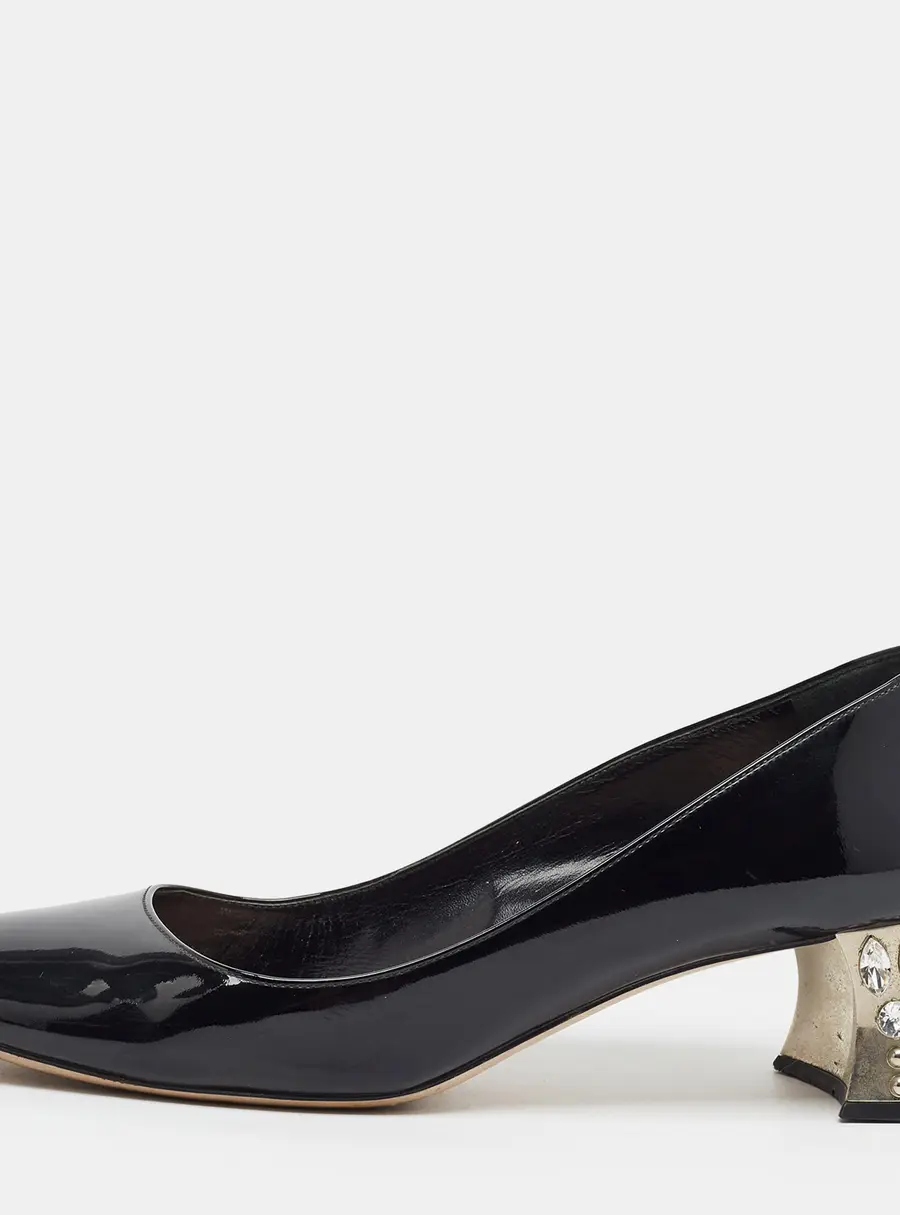 Miu Miu Size 39.5 Black Patent Leather Crystal Embellished Block Heel Pumps