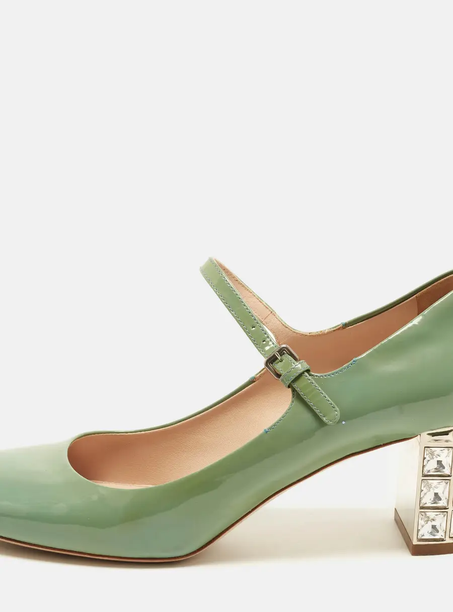 Miu Miu Size 39.5 Pastel Green Patent Leather Crystal Embellished Mary Jane Block Heel Pumps