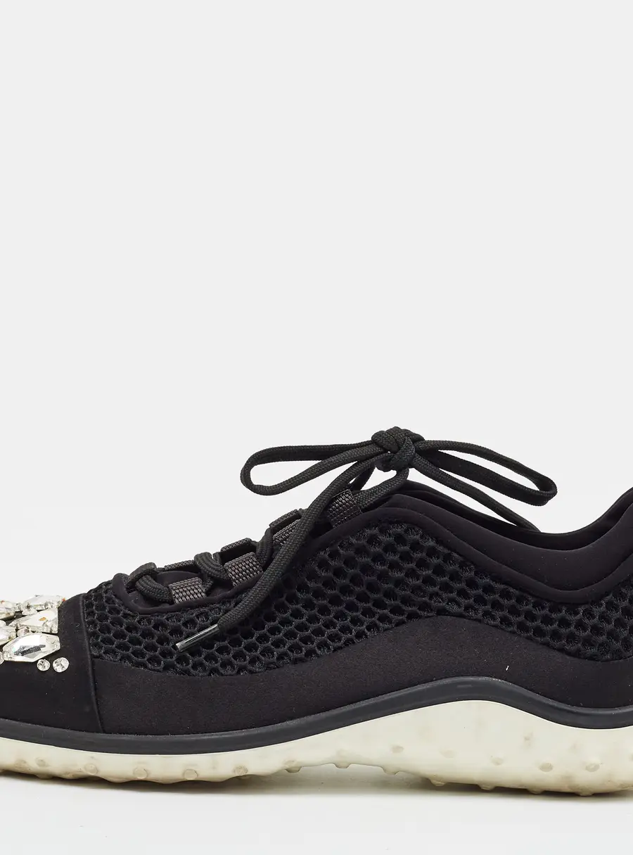 Miu Miu Size 37.5  Black Mesh and Satin Crystal Embellished Lace Up Sneakers