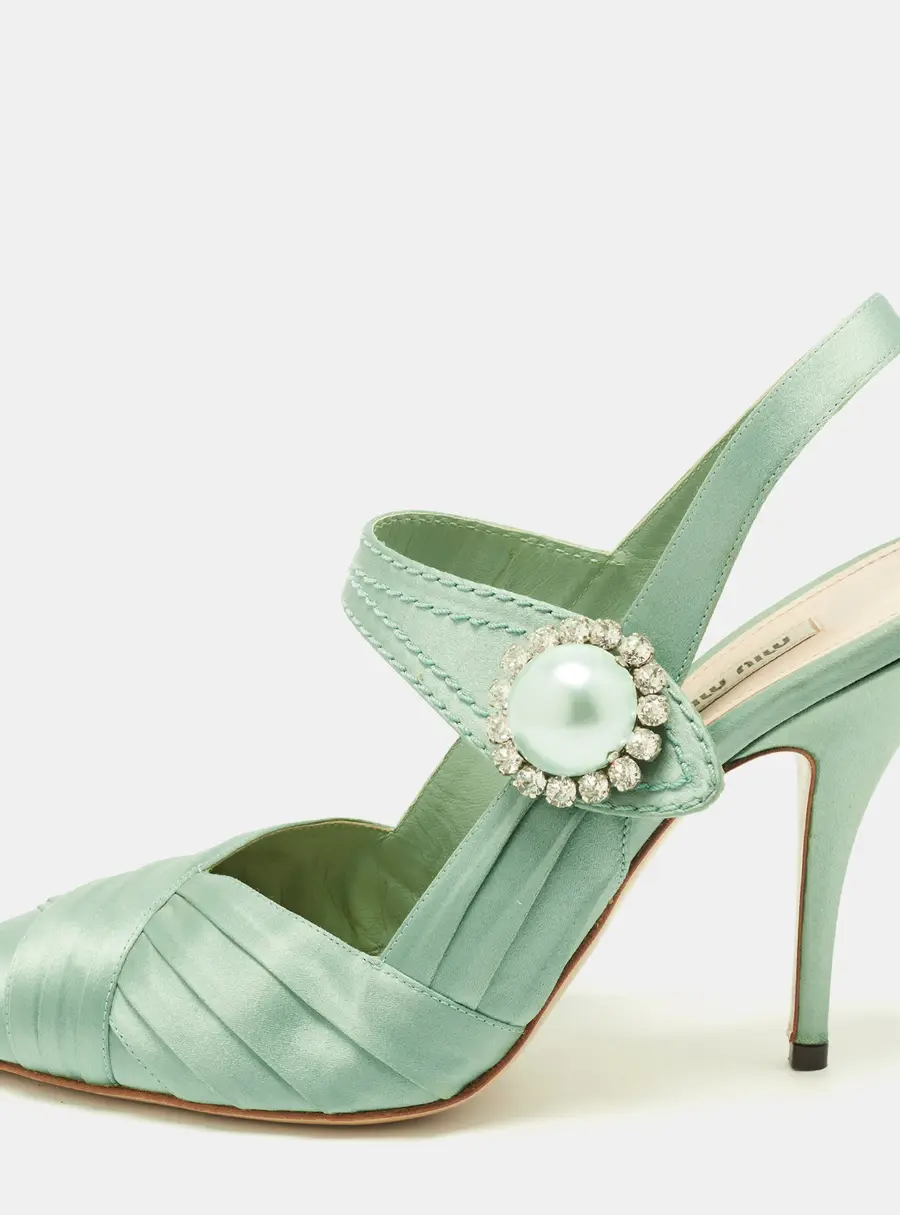 Miu Miu Donna Size 40 Green Satin Crystal Embellish Pumps