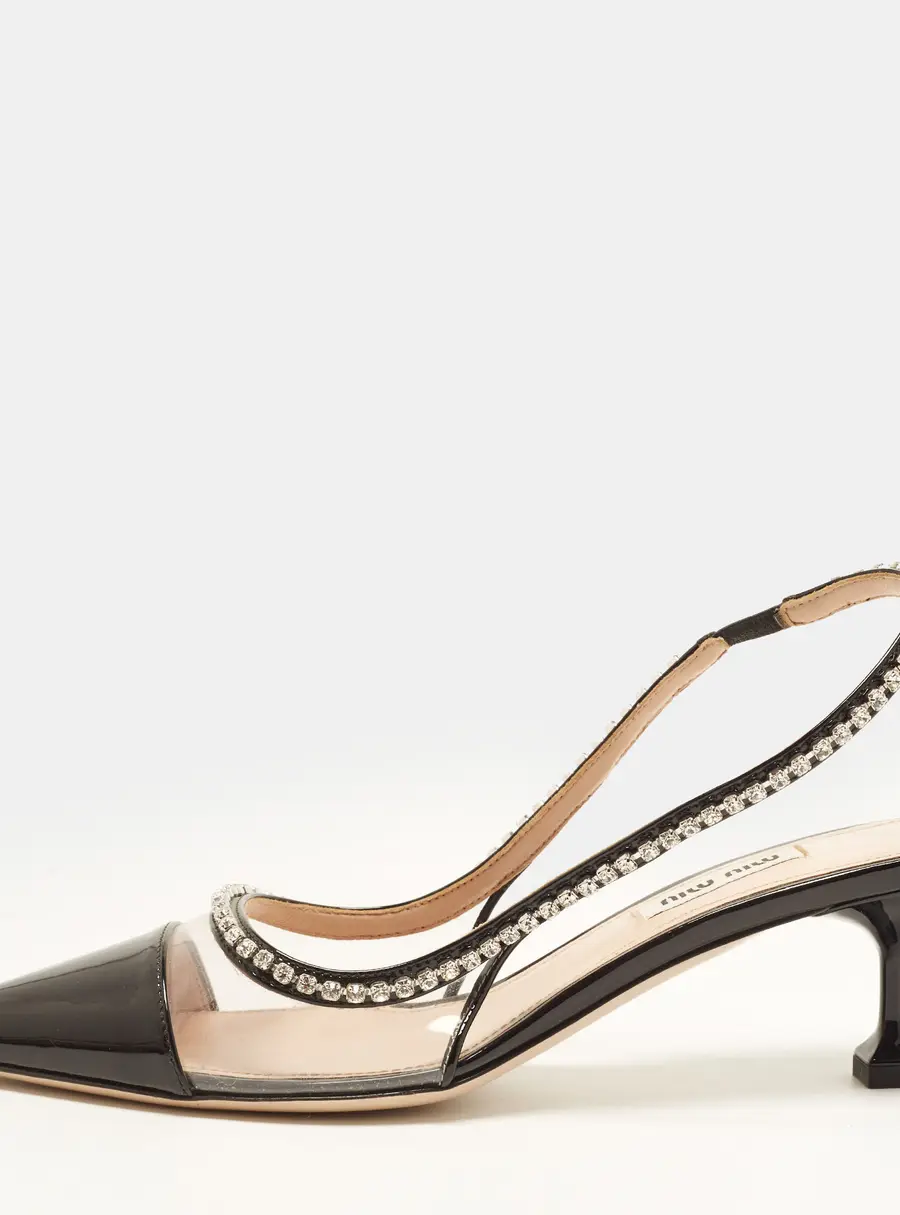 Miu Miu Size 37.5 Black Patent Leather and PVC Crystal Embellished Slingback Pumps