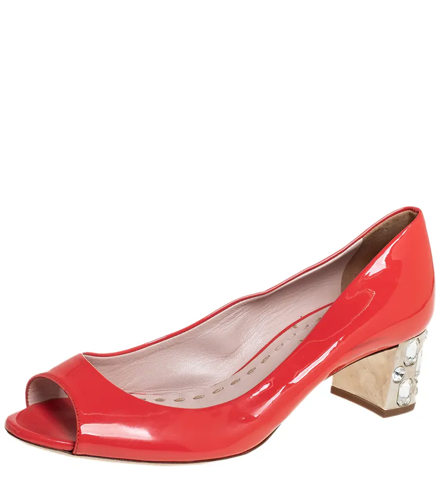 Miu Miu Orange Patent Leather Crystal Embellished Block Heel Peep Toe Pumps Size 38.5