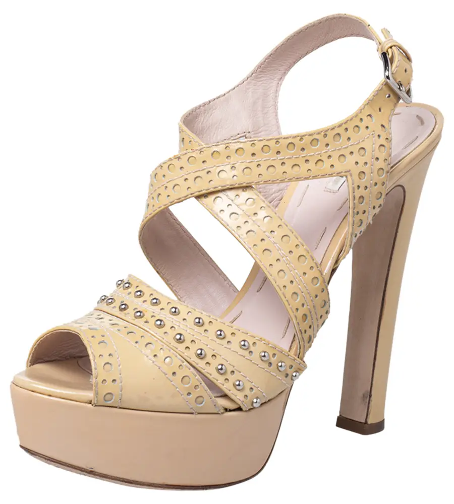 Miu Miu Yellow Patent Leather Peep Toe Platform Ankle Strap Sandals Size 39.5
