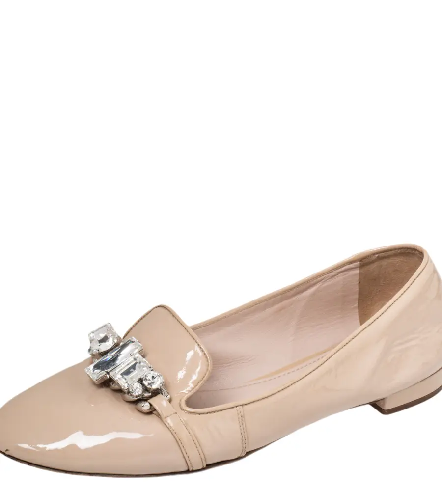 Miu Miu Beige Patent Leather Crystal Embellished Smoking Slippers Size 39