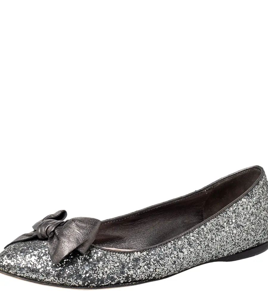 Miu Miu Metallic Grey Glitter Bow Ballet Flats Size 37