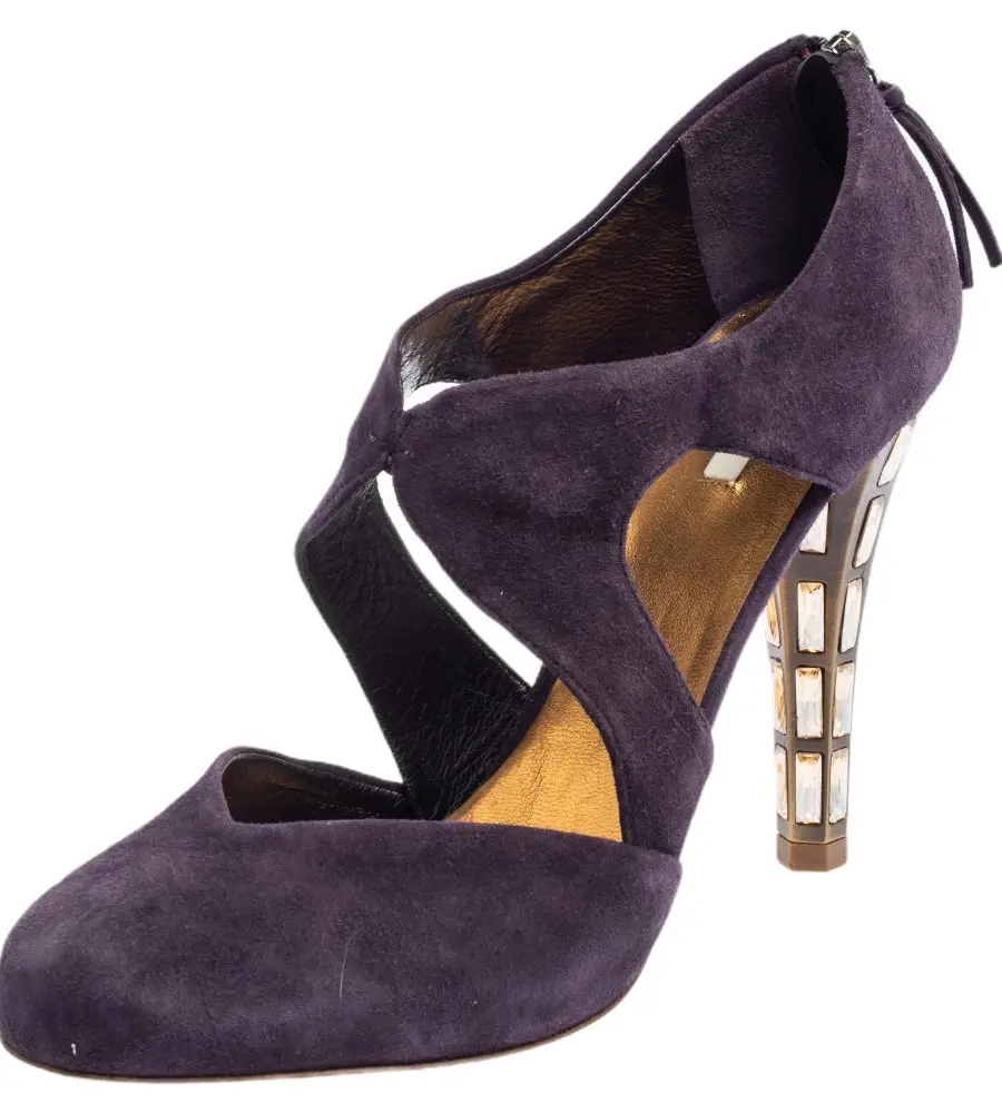 Miu Miu Purple Suede Cut Out Embellished Heel Round Toe Pumps Size 39.5