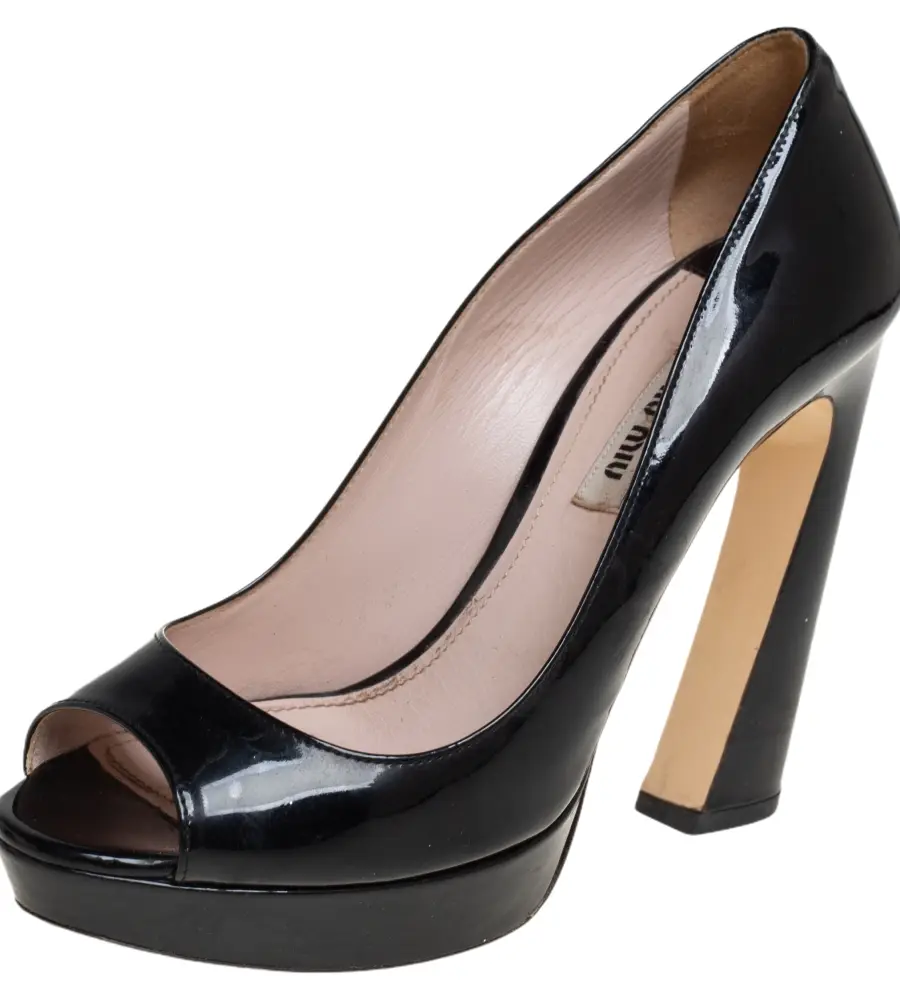 Miu Miu Black Patent Leather Open Toe Platform Pumps Size 37